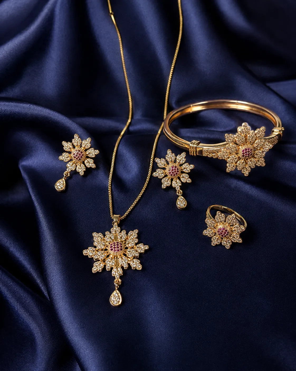 Crystal Dahlia Pendant, Earrings, Bangle & Ring Set - close-up detail view