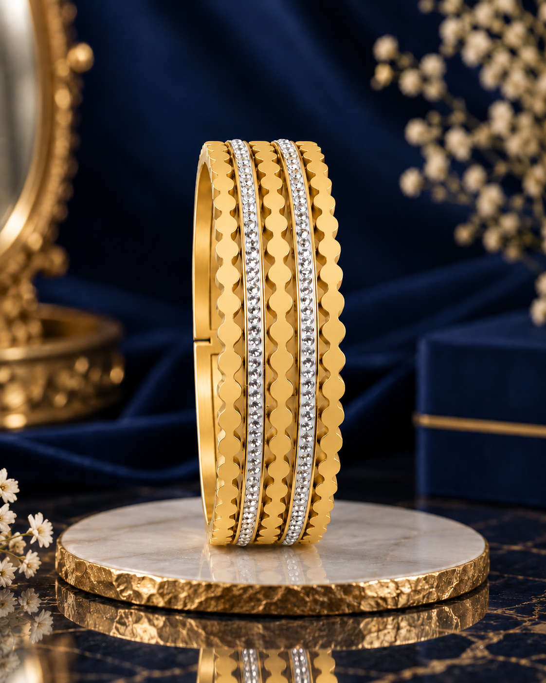 Layered Wave Crystal Gold-Tone Bangle - product view 3