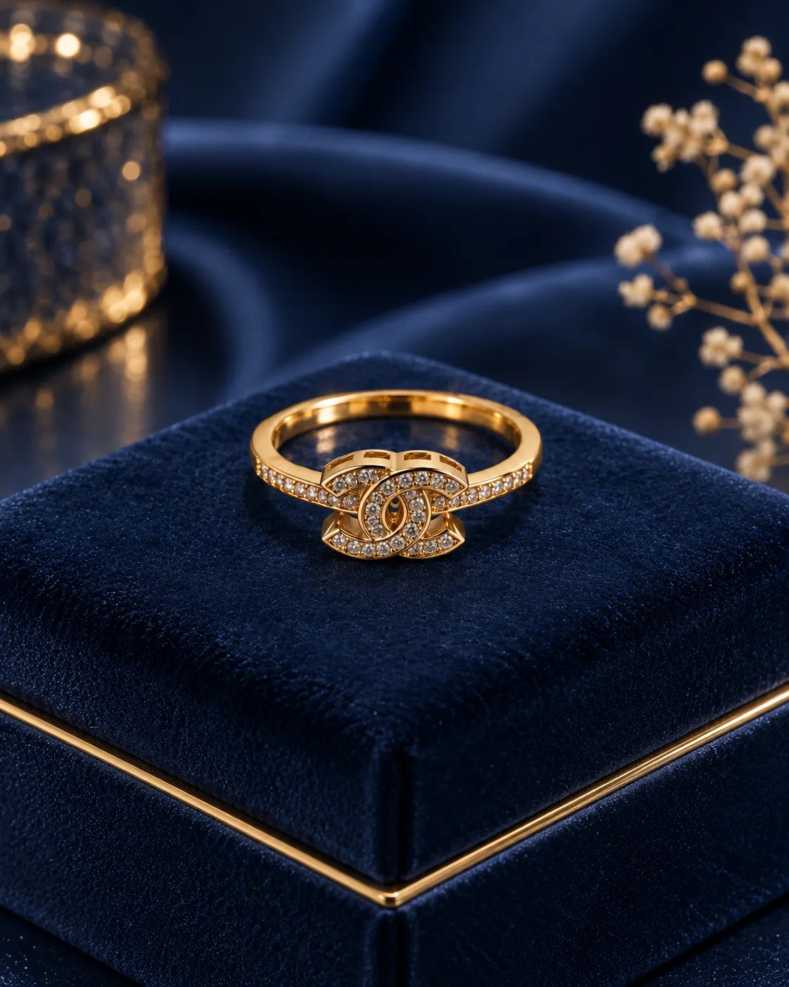 Crystal Double-C Emblem Gold-Tone Ring - close-up detail view