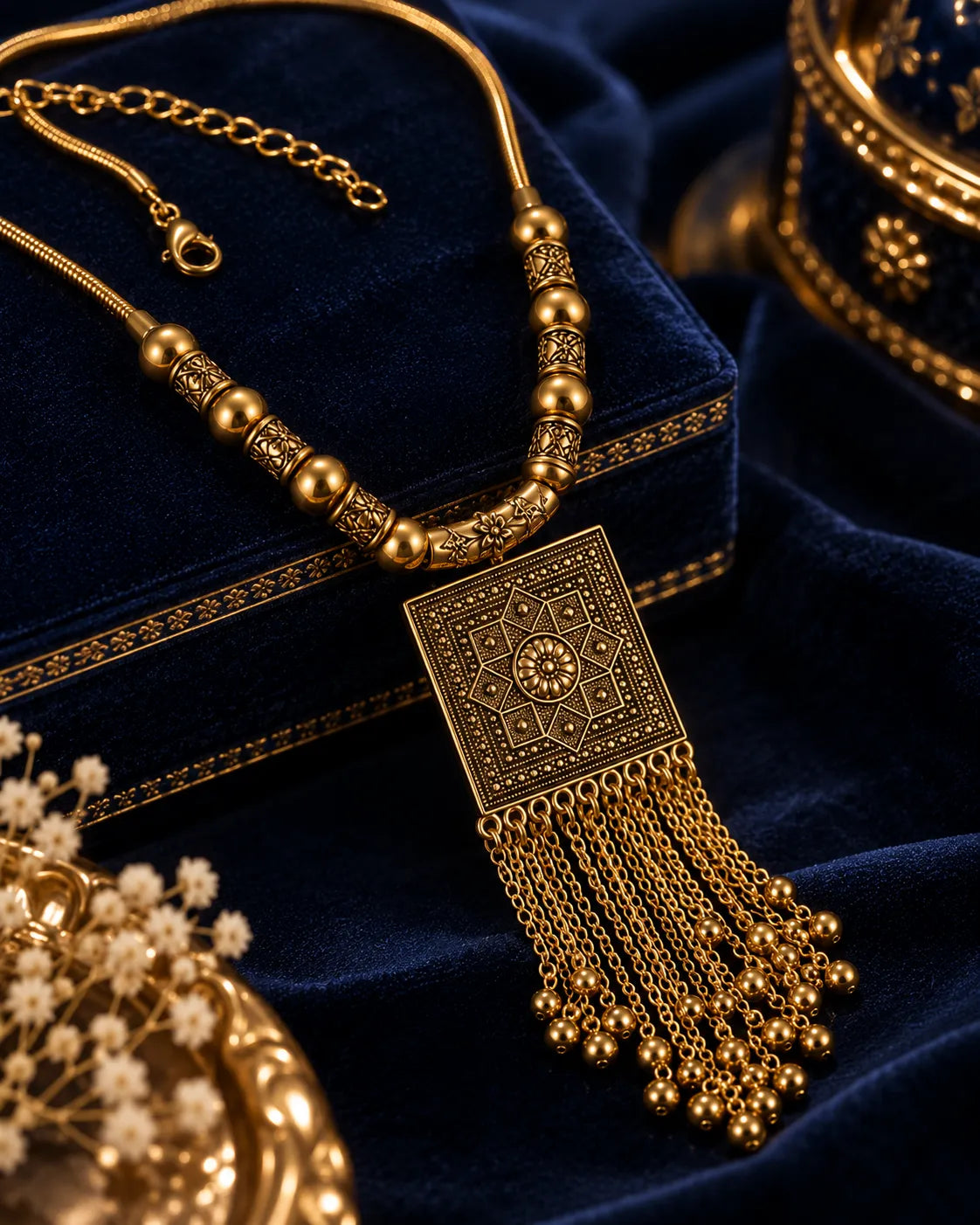 Antique Square Tassel Pendant Necklace - close-up detail view