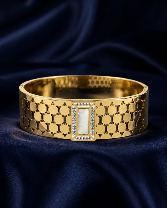 Lattice Pearl Accent Gold Cuff Bangle - main product view