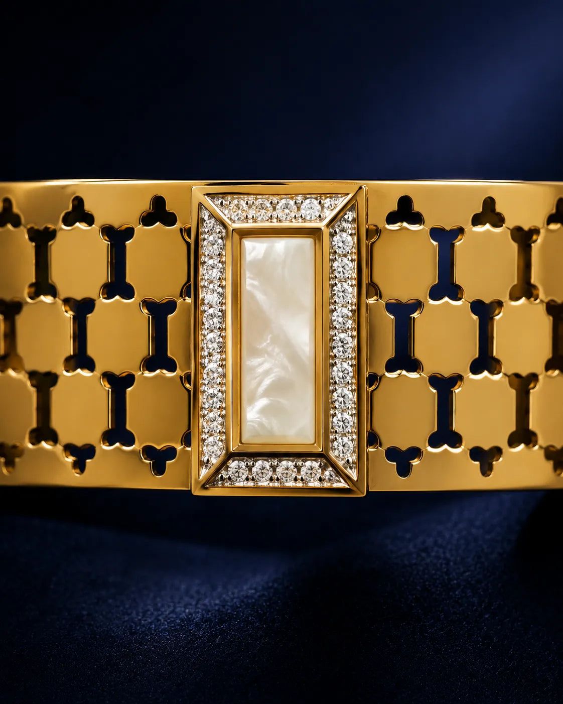 Lattice Pearl Accent Gold Cuff Bangle - close-up detail view