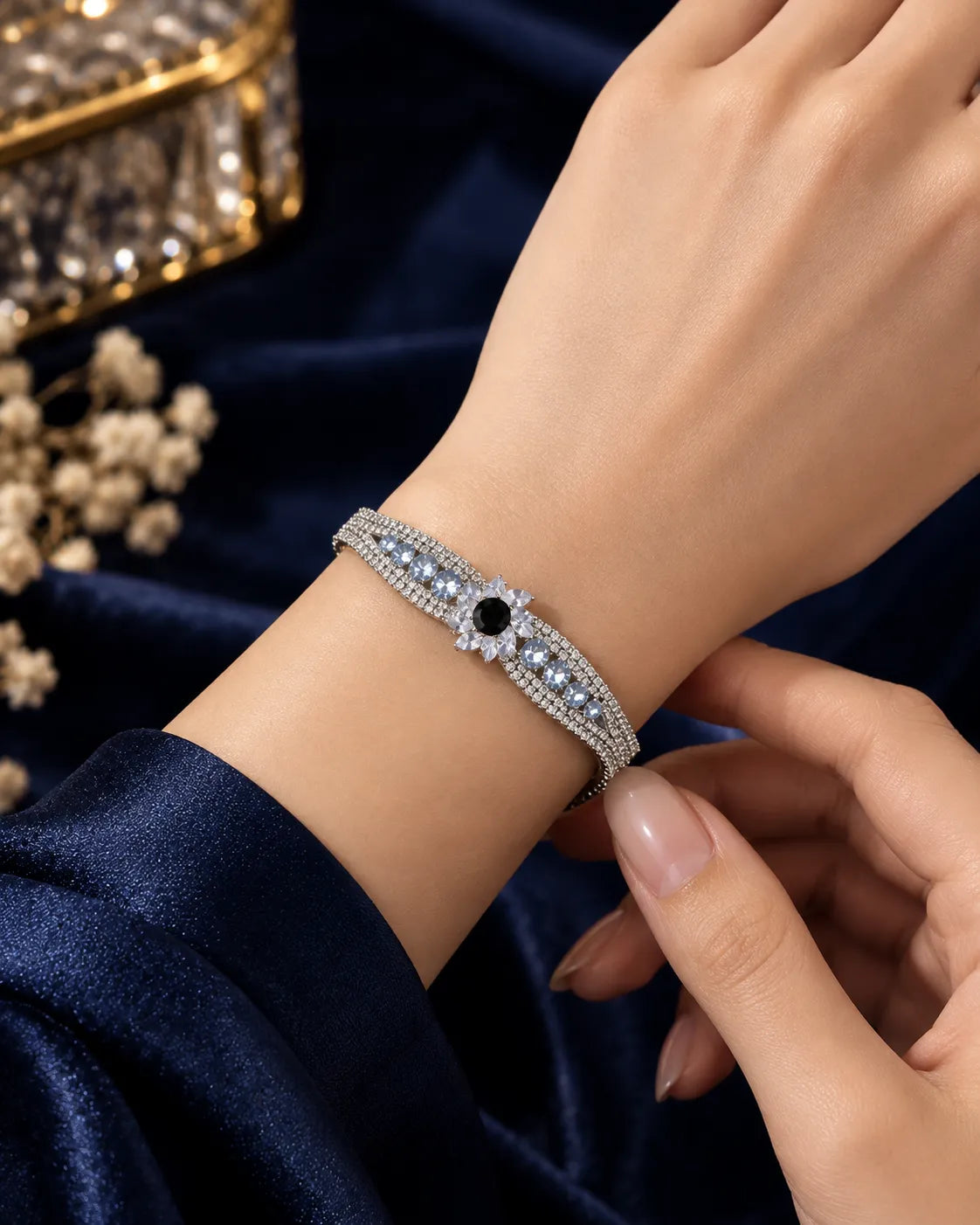 Black Floral Crystal Silver-Tone Bracelet - product view 1
