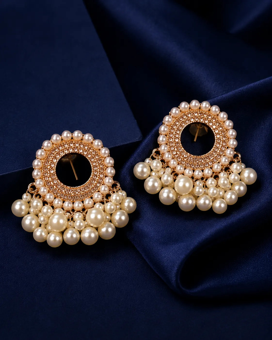 Pearl Halo Chandelier Earrings - close-up detail view