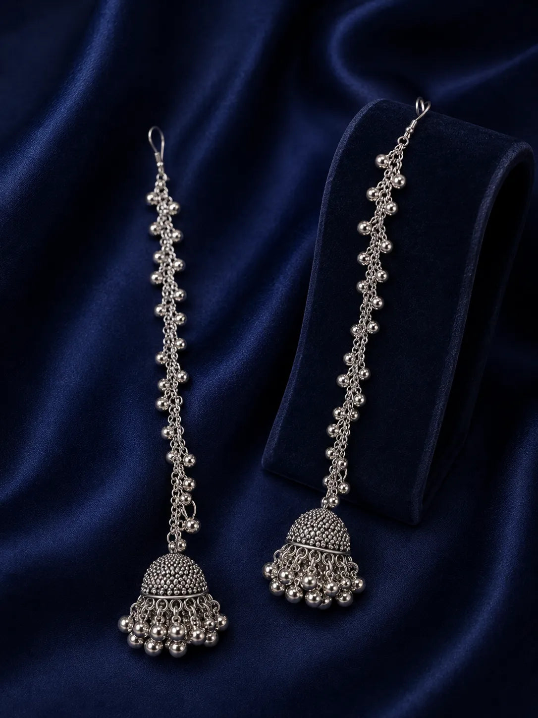 Silver Ghungroo Chain Jhumka Earrings - close-up detail view