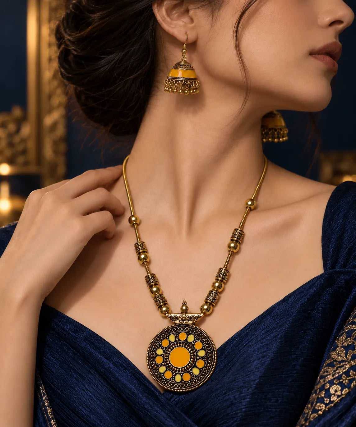 Sunlit Enamel Pendant & Jhumka Jewellery Set - main product view
