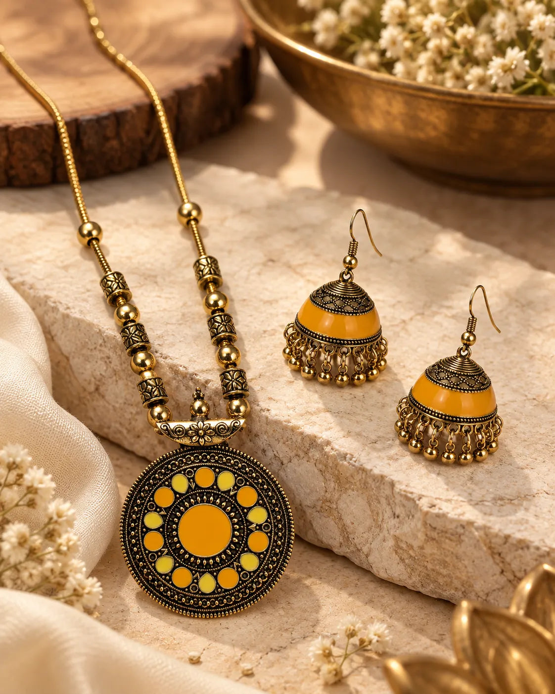 Sunlit Enamel Pendant & Jhumka Jewellery Set - alternate product view