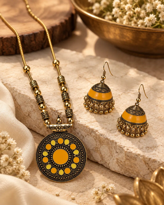 Sunlit Enamel Pendant & Jhumka Jewellery Set - alternate product view