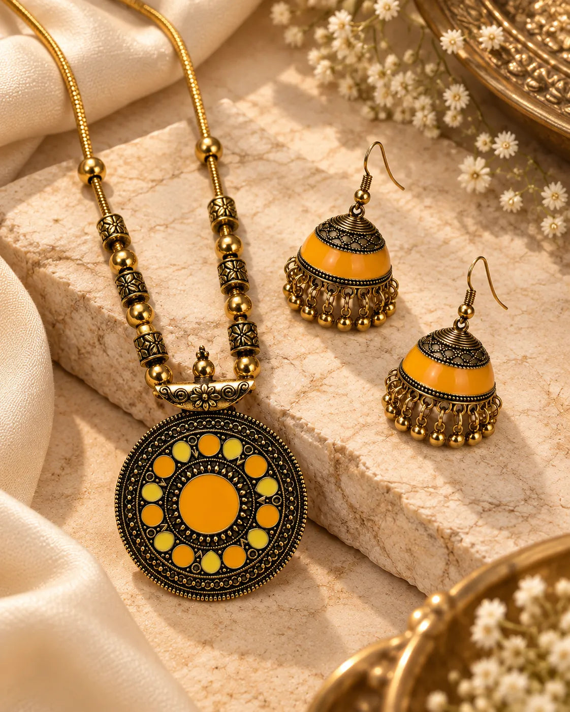 Sunlit Enamel Pendant & Jhumka Jewellery Set - close-up detail view