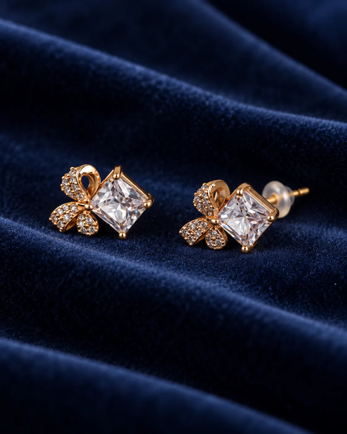 Crystal Bow & Square Stud Earrings - Gold Tone - product view 2
