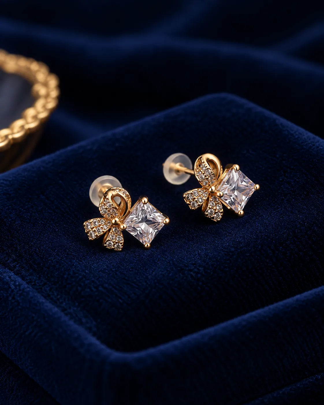 Crystal Bow & Square Stud Earrings - Gold Tone - product view 3