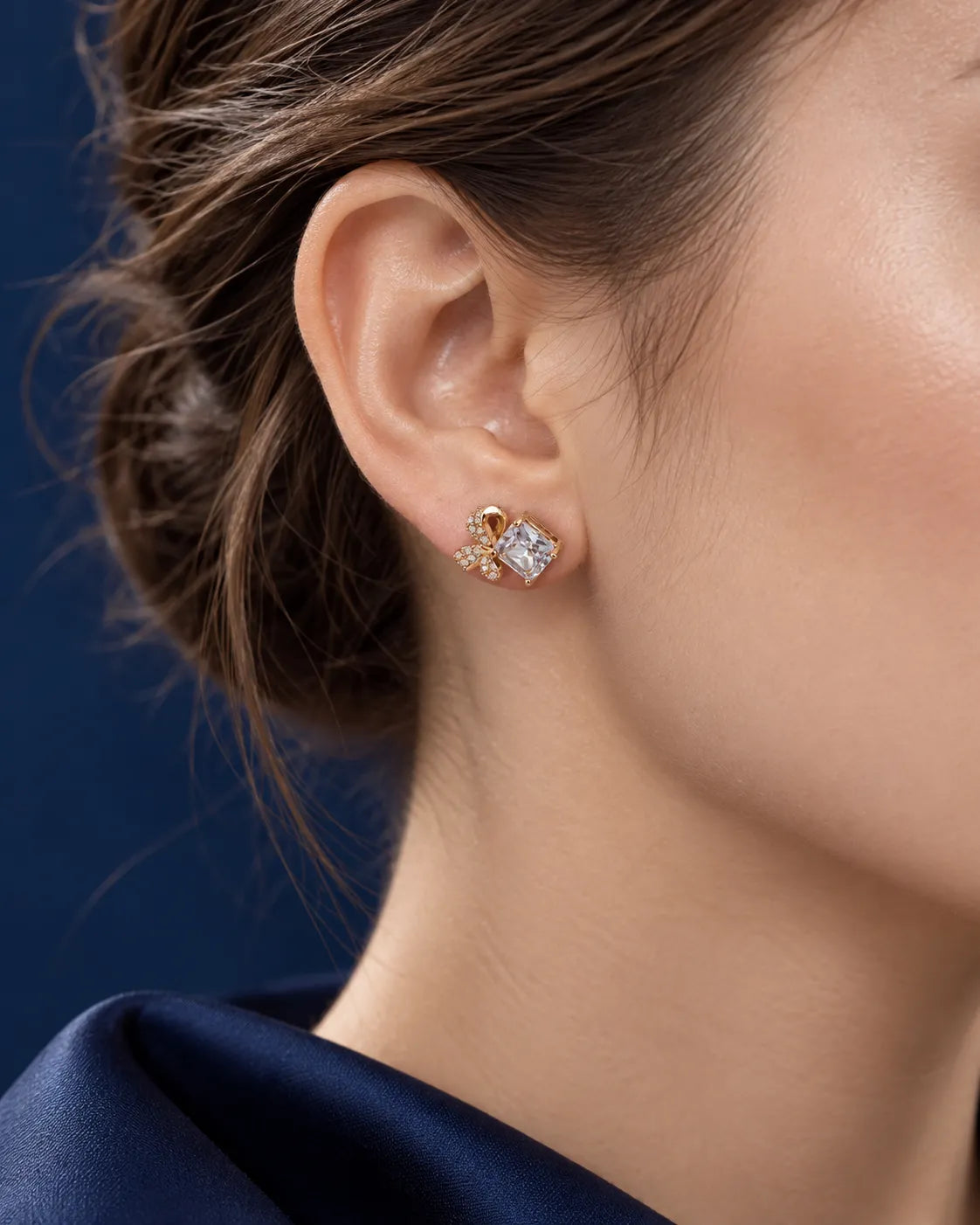 Crystal Bow & Square Stud Earrings - Gold Tone - product view 1