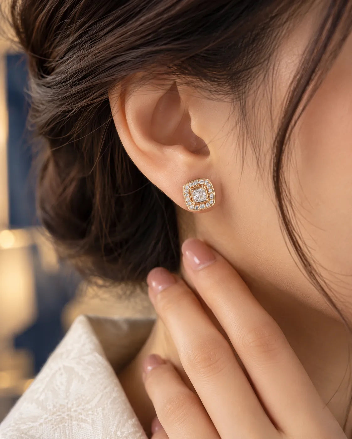 Square Halo Crystal Gold-Tone Stud Earrings - product view 1