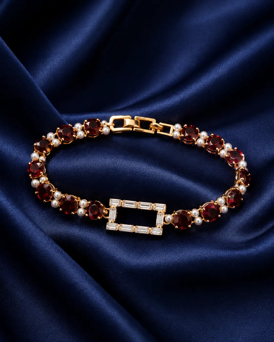 Ruby Pearl Geometric Statement Bracelet - close-up detail view