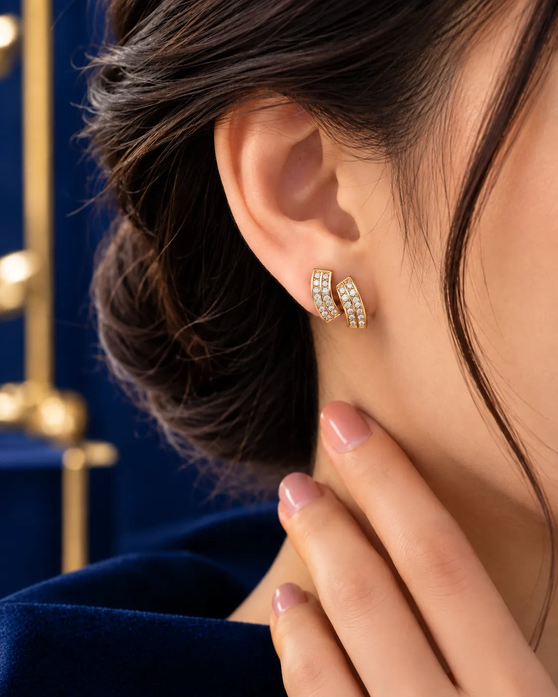 Double Curve Crystal Gold-Tone Stud Earrings - product view 1