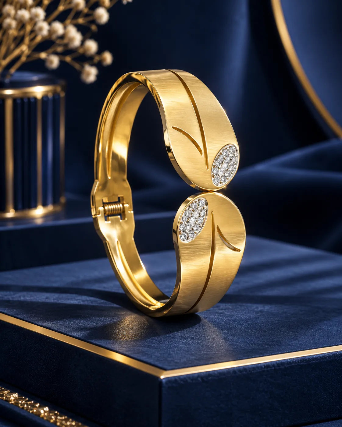 Golden Leaf Crystal Open Cuff Bangle - main product view
