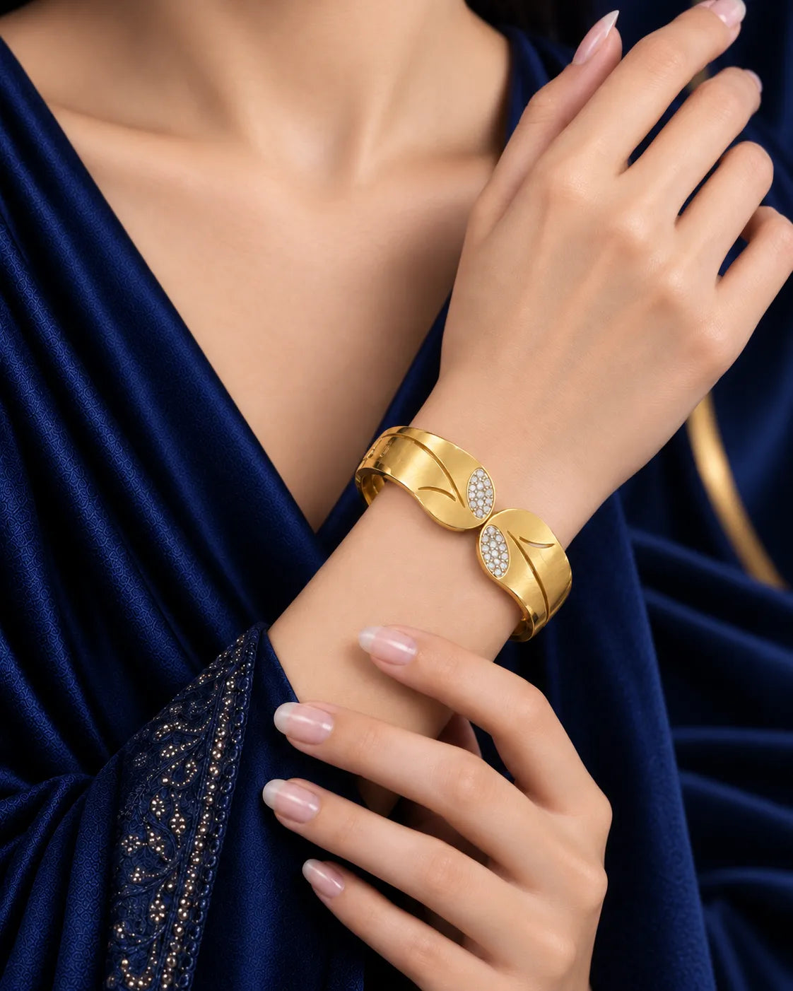 Golden Leaf Crystal Open Cuff Bangle - close-up detail view