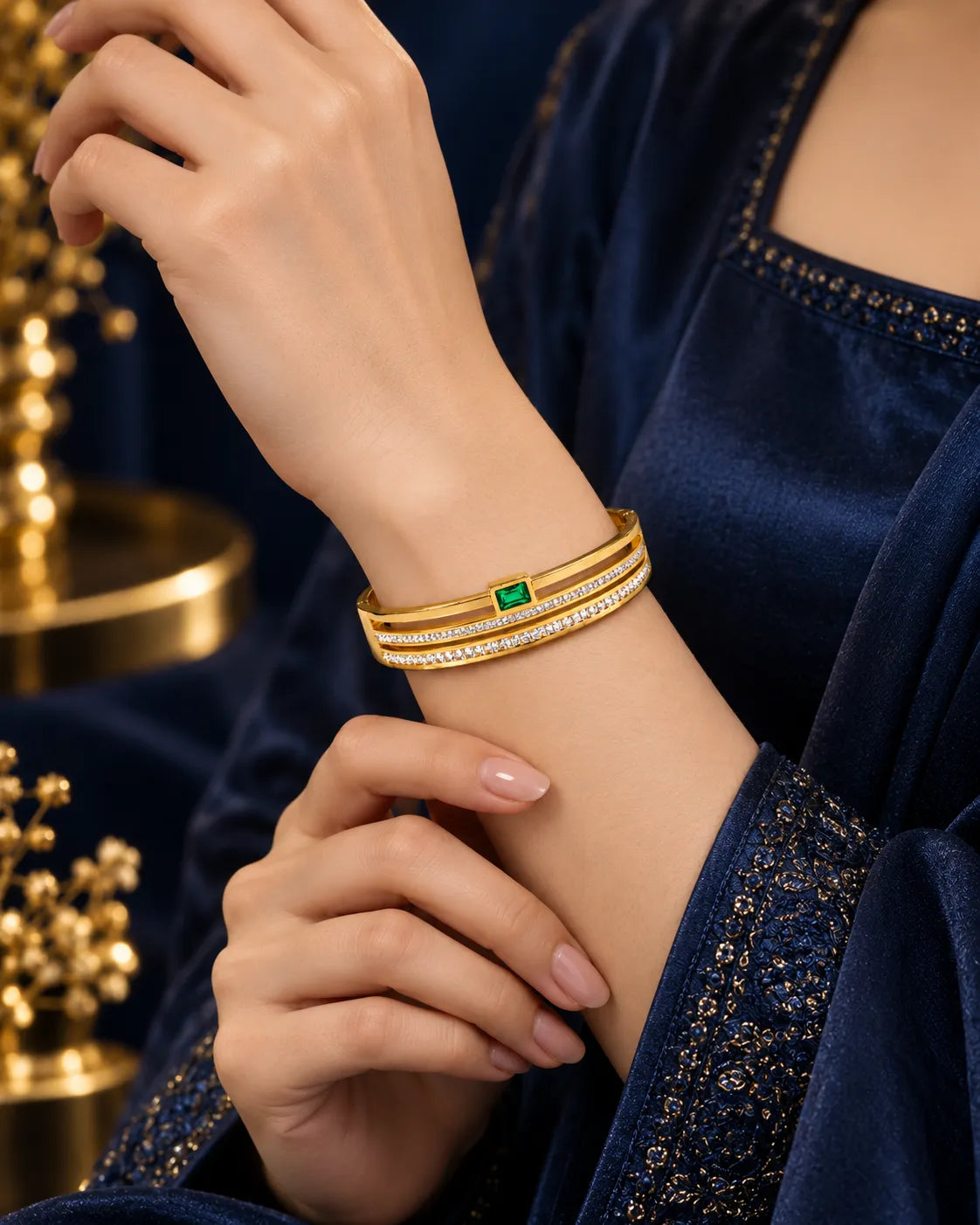 Emerald Line Double Crystal Bangle - close-up detail view
