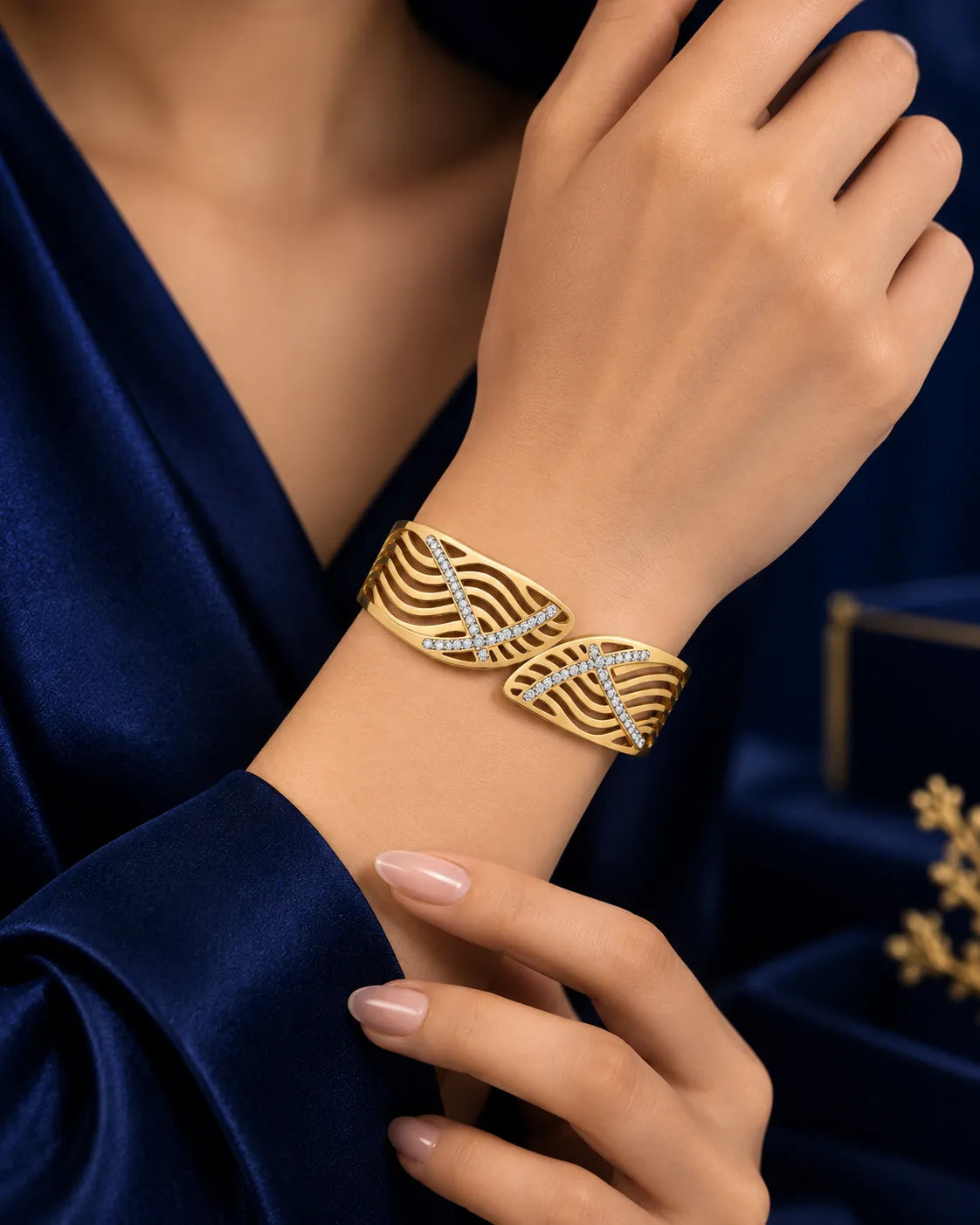 Openwork Wave Crystal Gold-Tone Bangle - product view 1