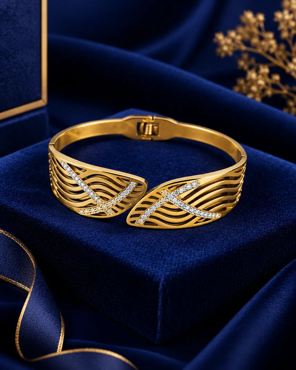 Openwork Wave Crystal Gold-Tone Bangle - product view 3