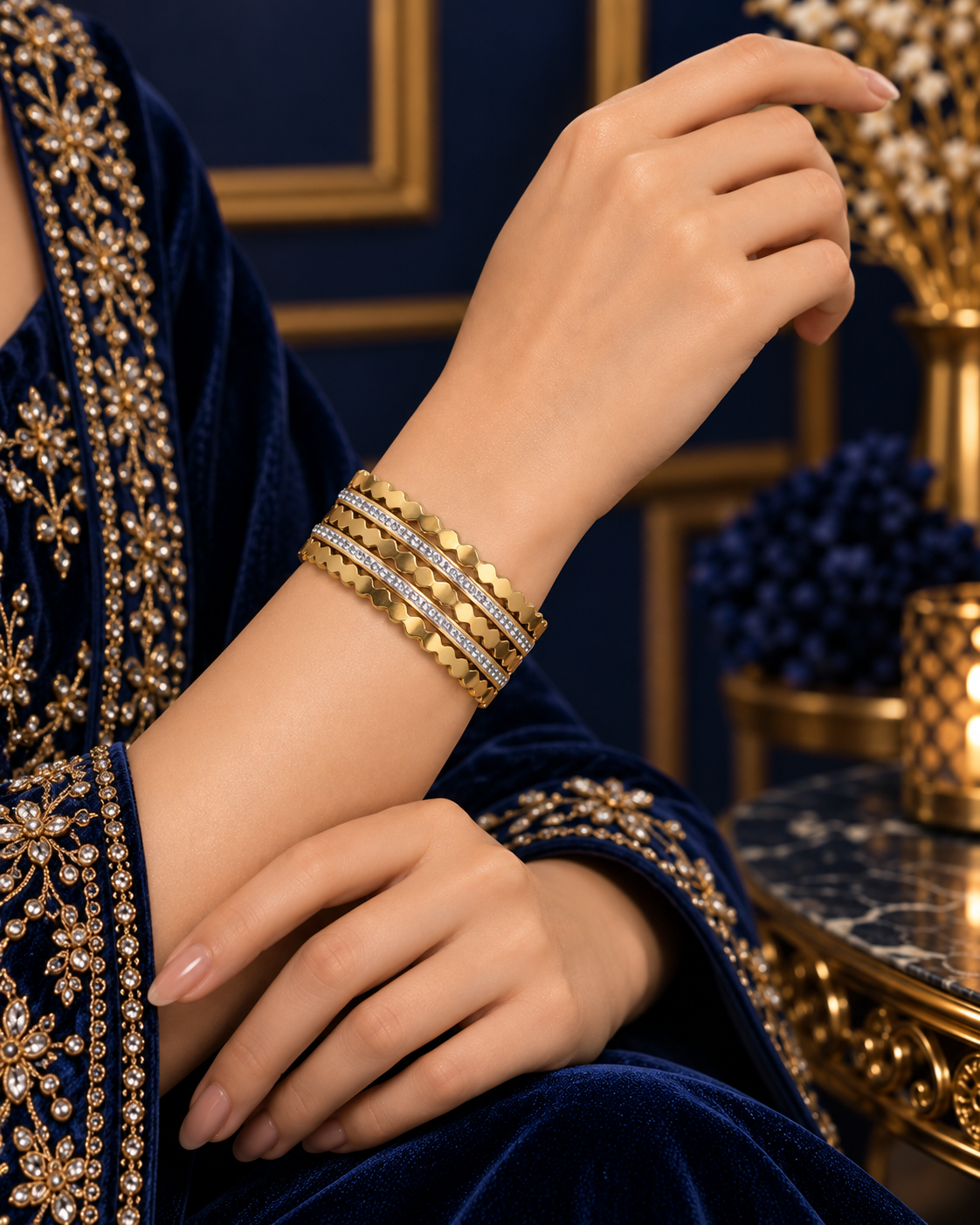 Layered Wave Crystal Gold-Tone Bangle - main product view