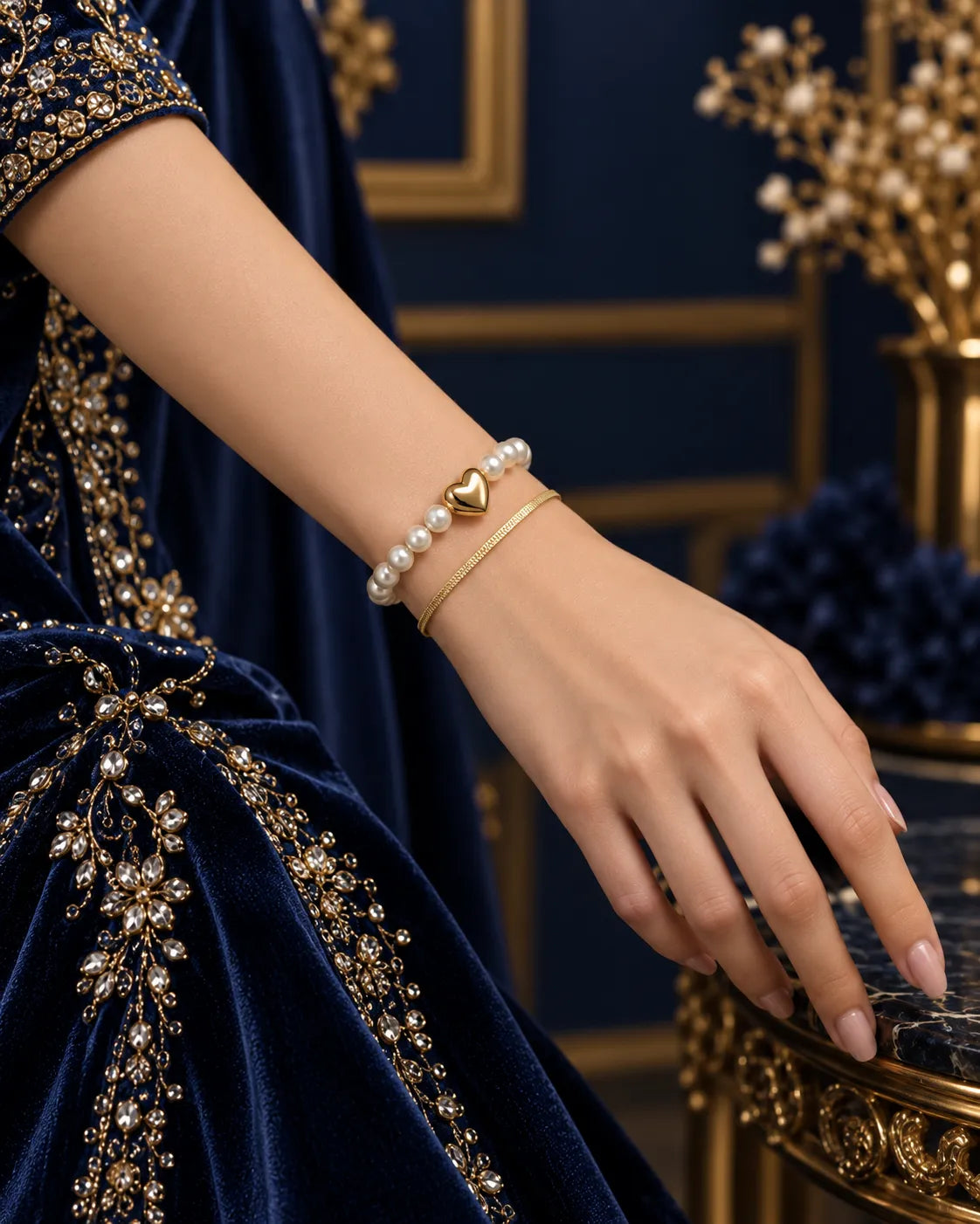 Pearl Heart & Gold Chain Bracelet Duo - main product view