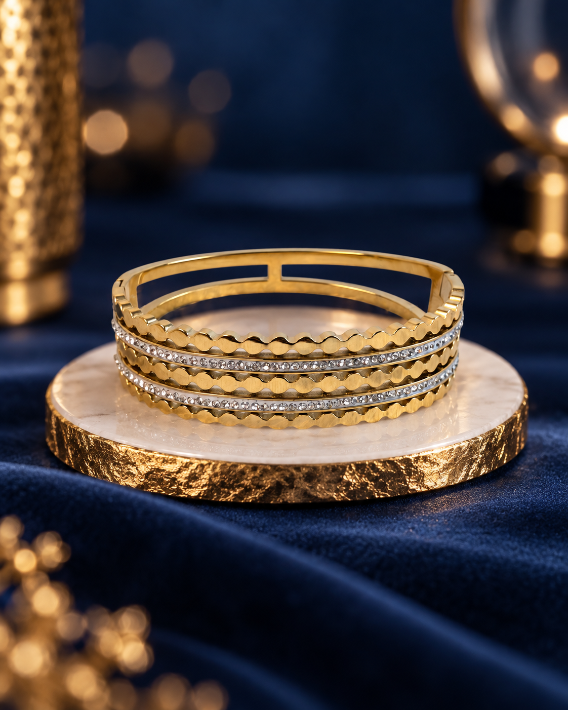 Layered Wave Crystal Gold-Tone Bangle - product view 2