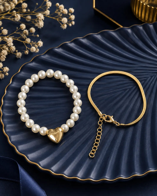Pearl Heart & Gold Chain Bracelet Duo - alternate product view
