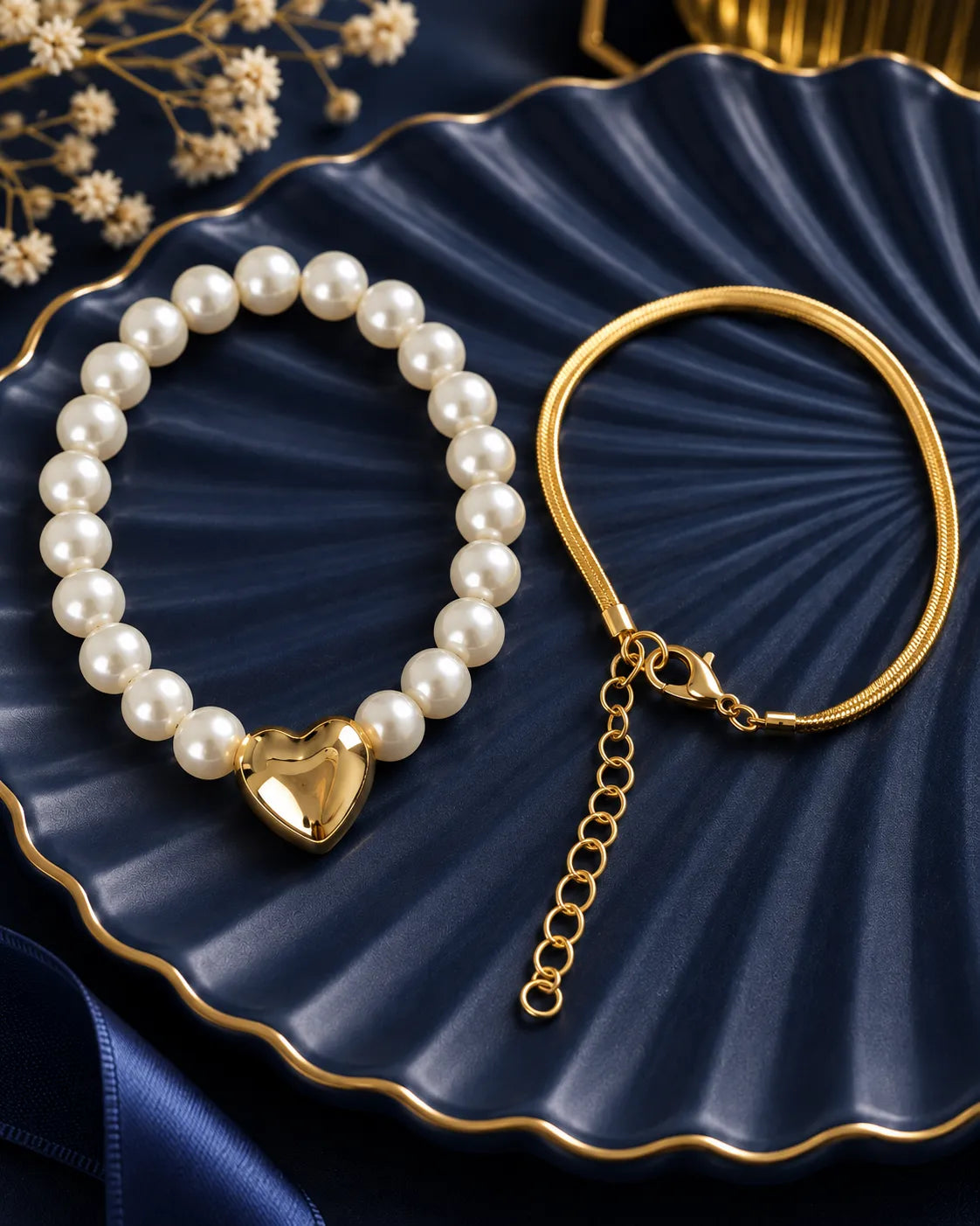 Pearl Heart & Gold Chain Bracelet Duo - close-up detail view