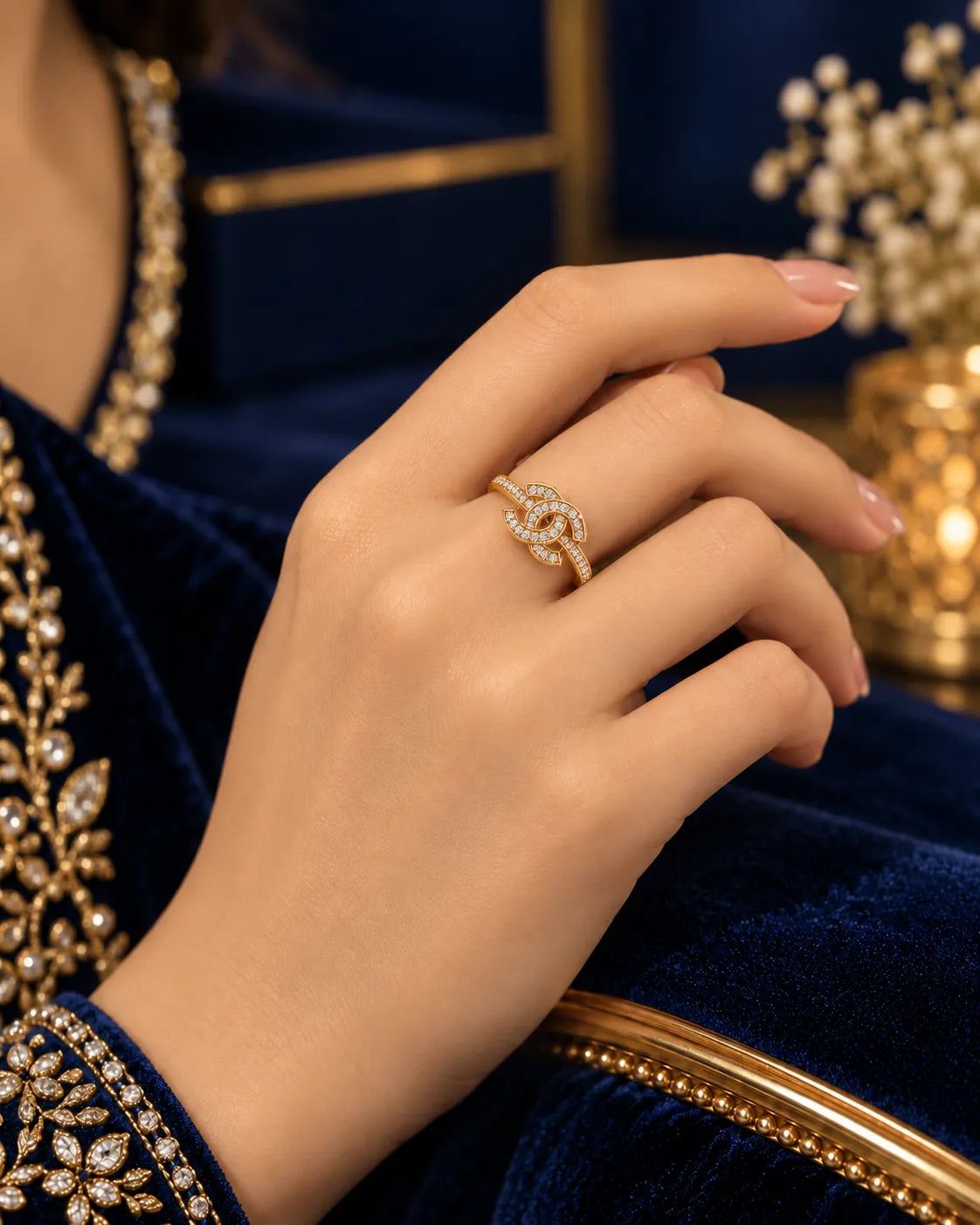 Crystal Double-C Emblem Gold-Tone Ring - main product view