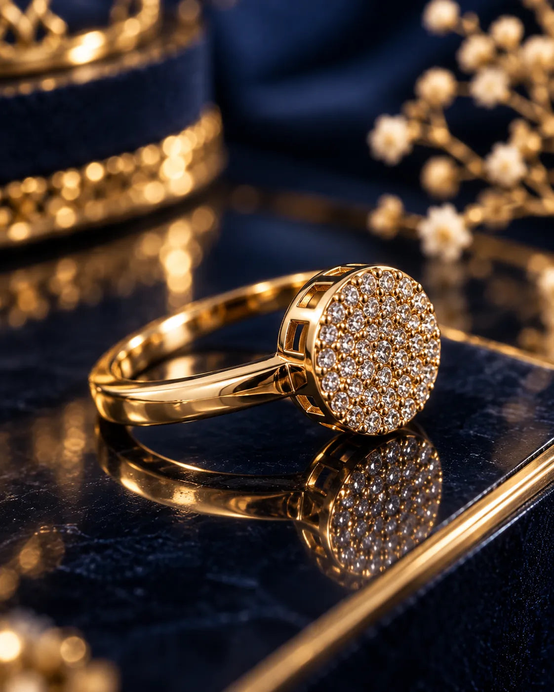 Round Pavé Crystal Gold-Tone Ring - close-up detail view