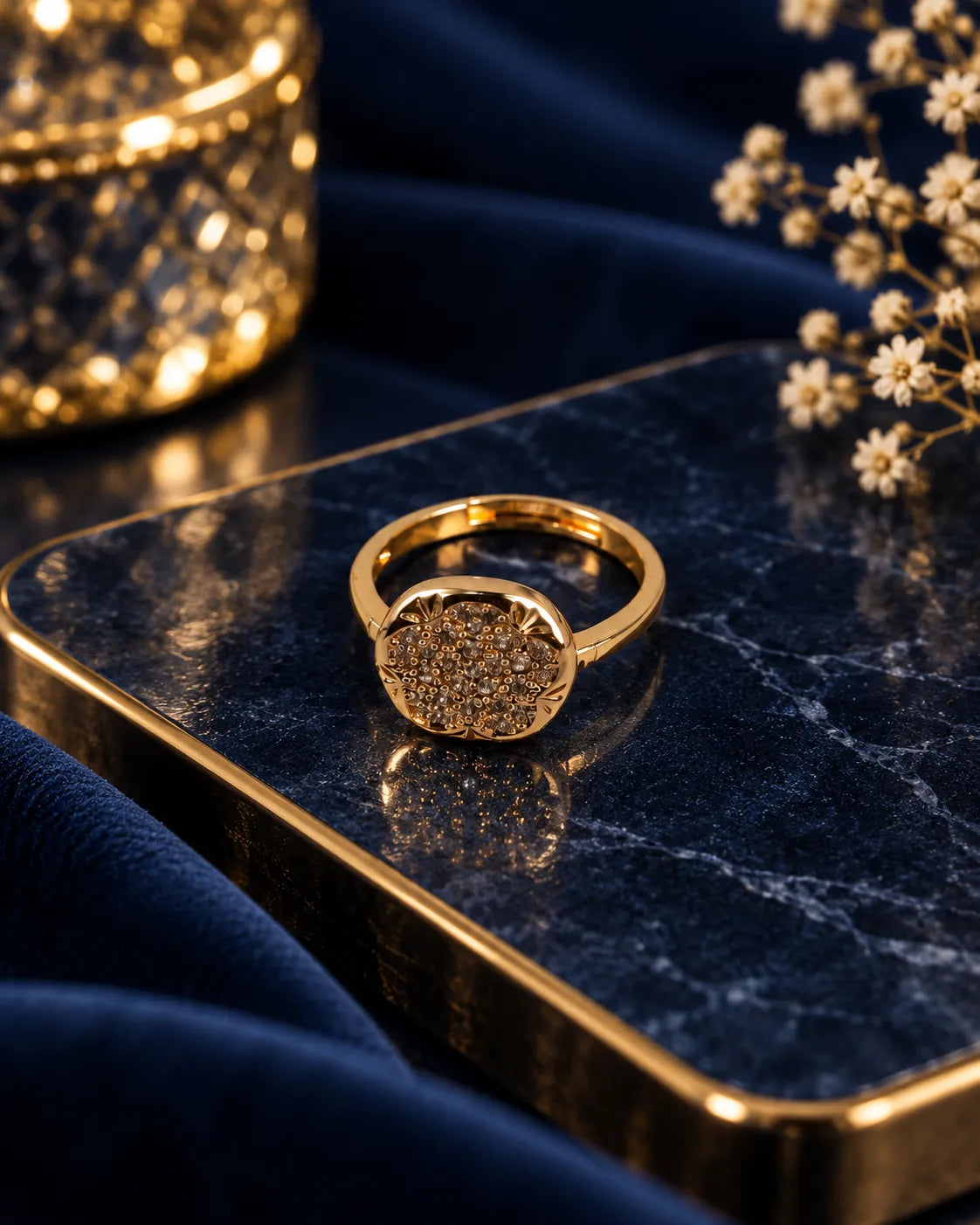 Round Crystal Disc Gold-Tone Ring - close-up detail view