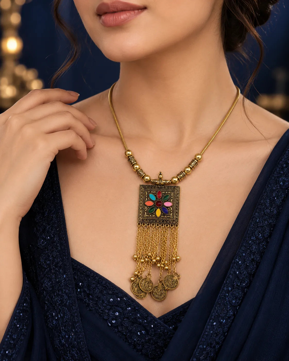Multicolor Floral Tassel Antique-Inspired Necklace - main product view