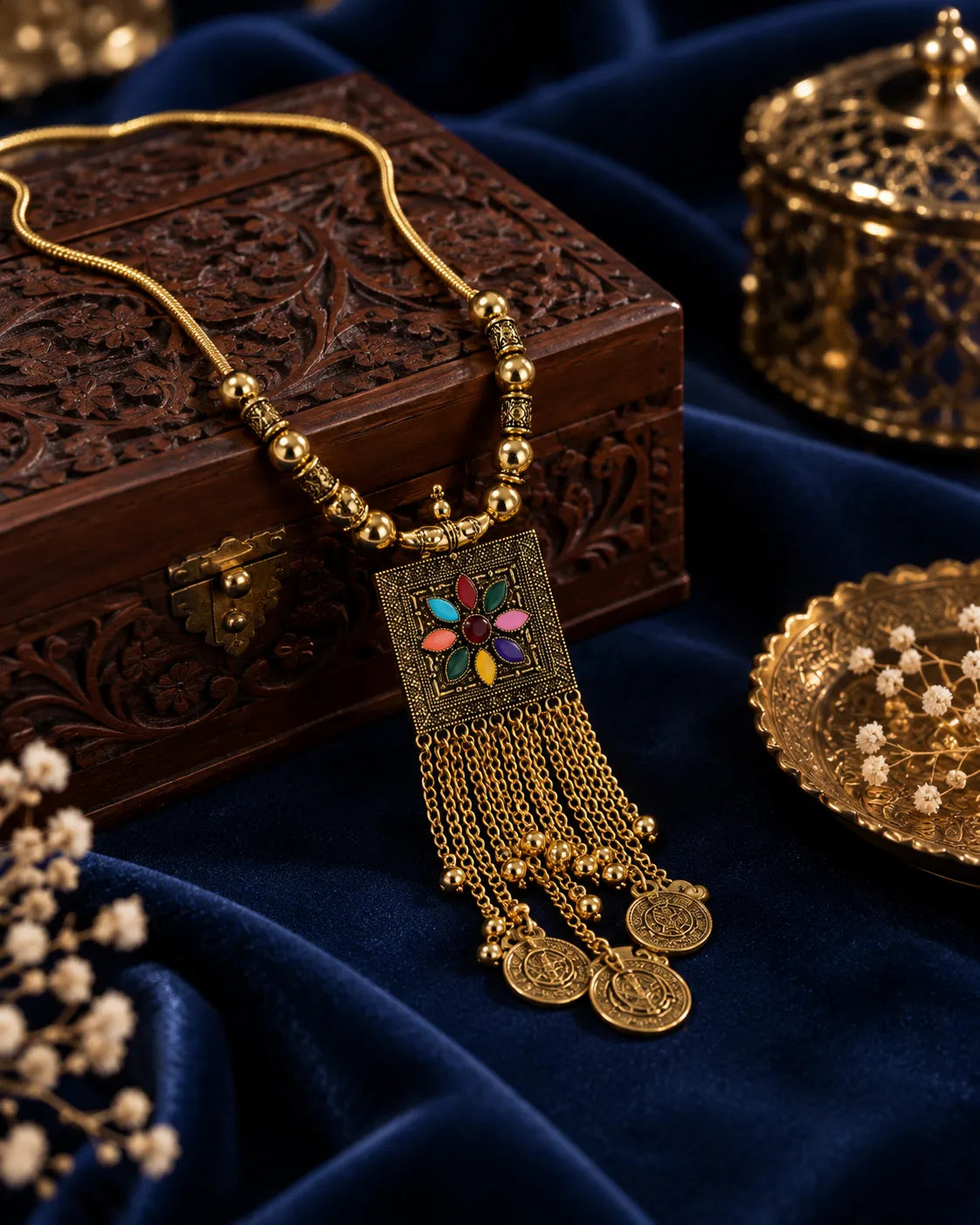 Multicolor Floral Tassel Antique-Inspired Necklace - alternate product view