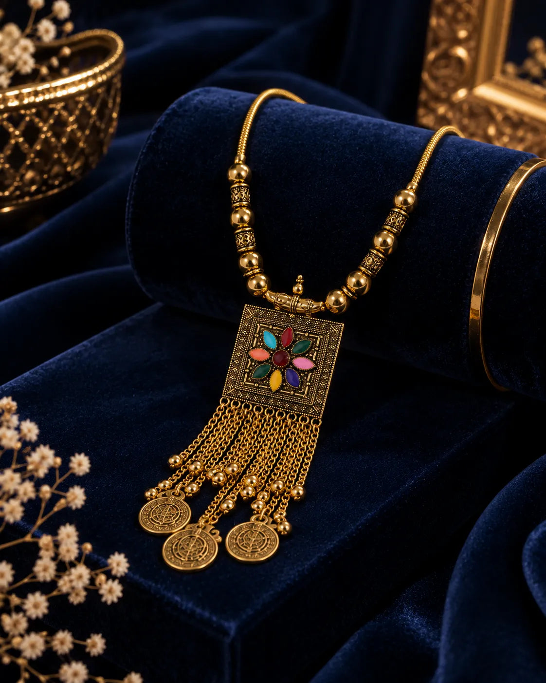 Multicolor Floral Tassel Antique-Inspired Necklace - close-up detail view