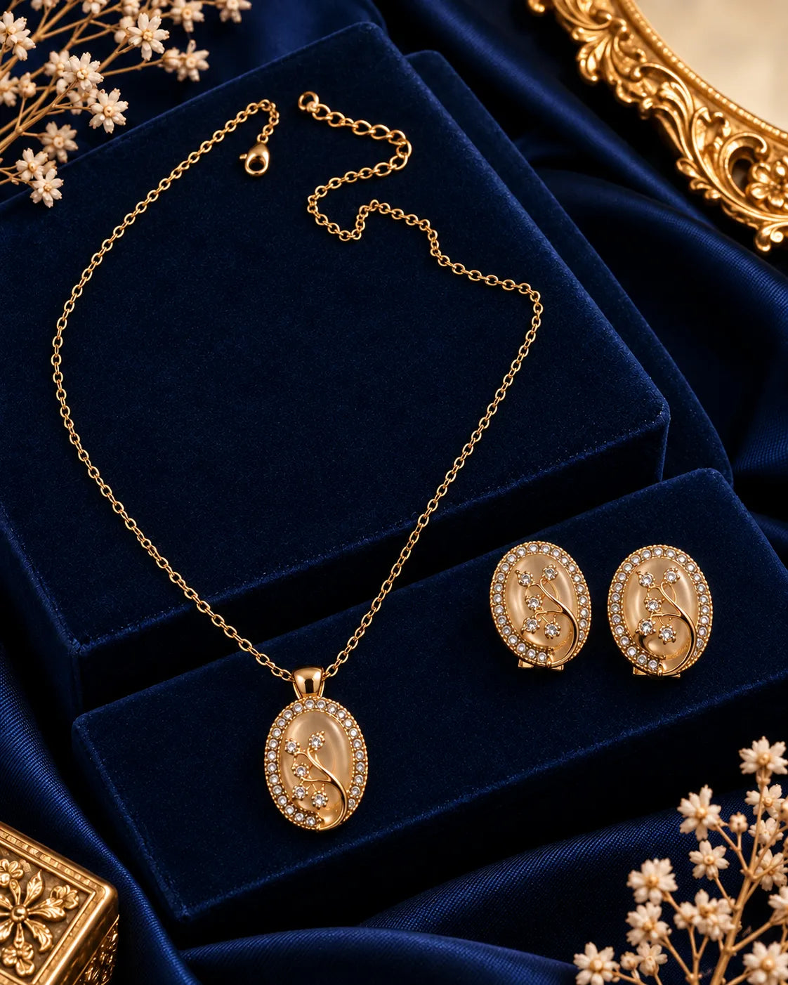 Oval Floral Crystal Pendant & Earring Set - close-up detail view