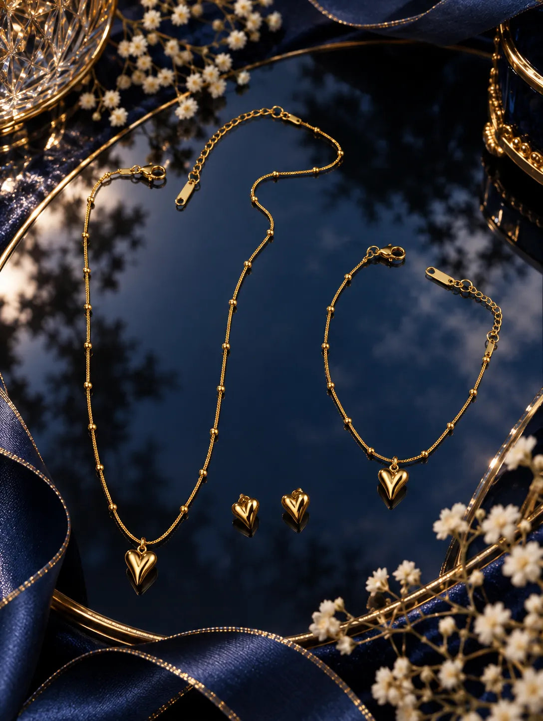 Minimal Heart Pendant, Bracelet & Earring Set - close-up detail view