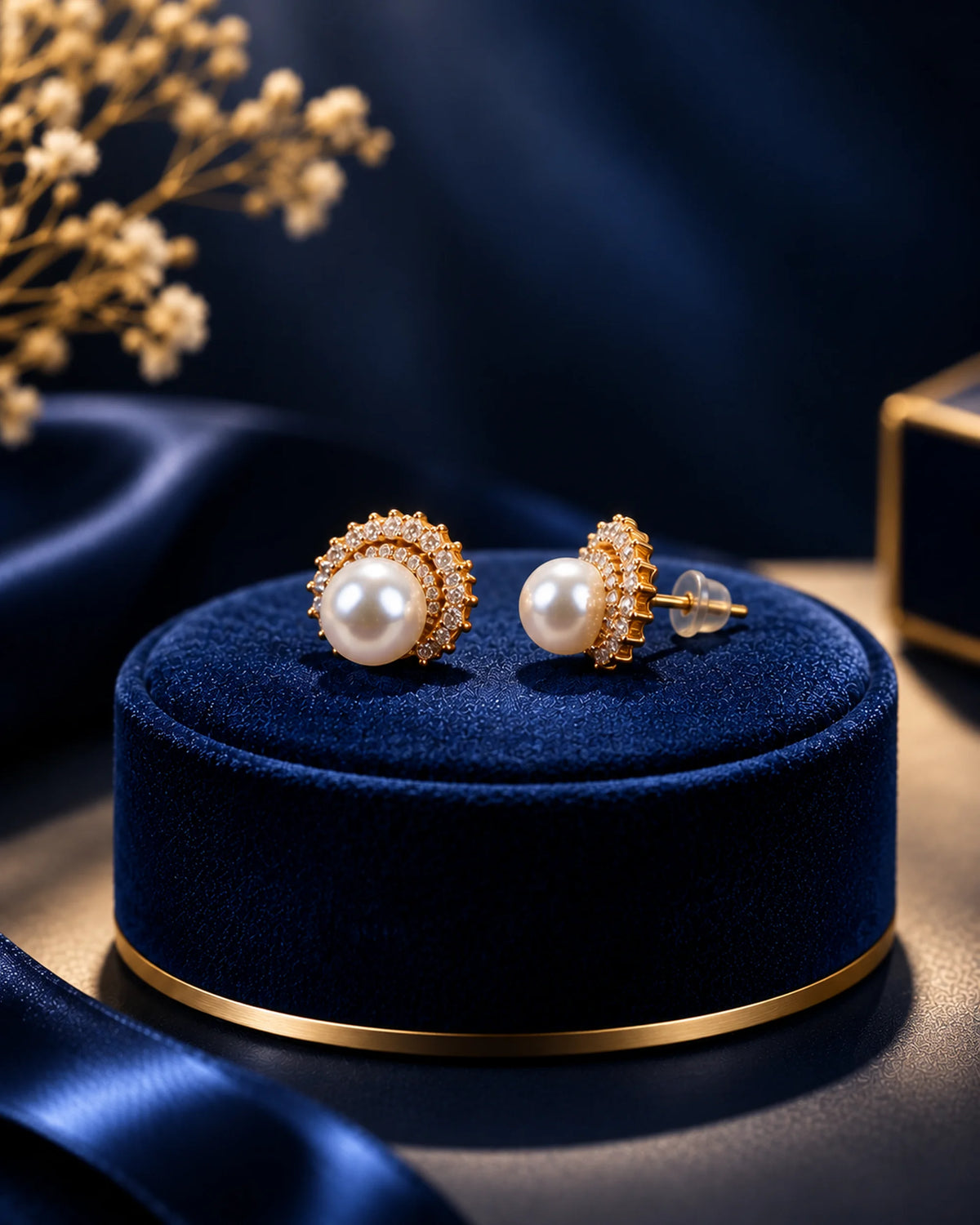 Pearl Halo Gold-Tone Stud Earrings - close-up detail view